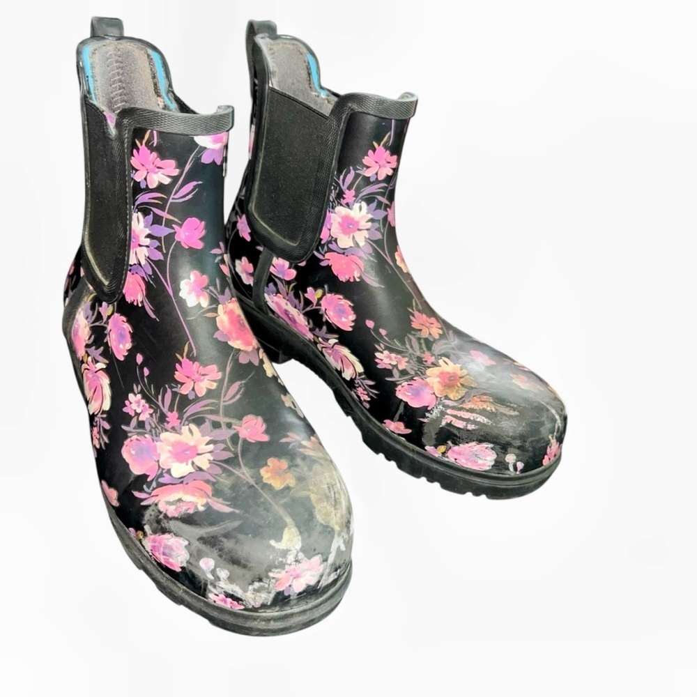 Bogs Laurel Chelsea Safety Toe Work Waterproof Boots Rain black purple flowers 6